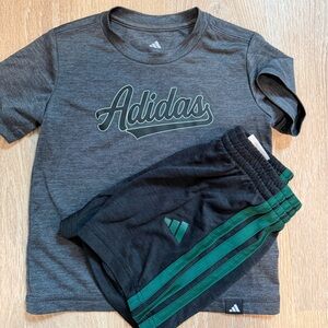 Adidas Kids Gray Tee and Black shorts with Green Stripes